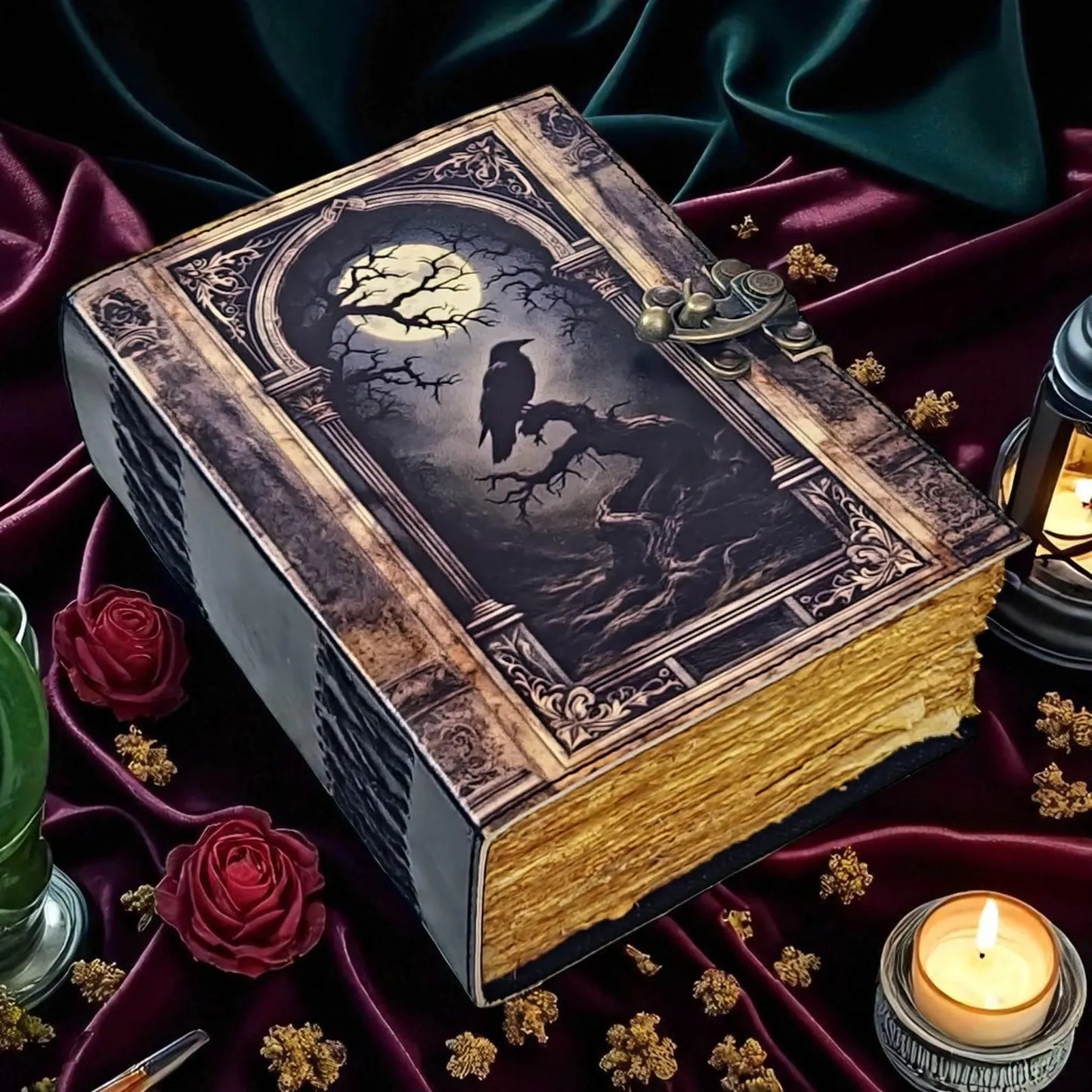 Handmade Raven & Moon Leather Journal – Gothic Sketchbook