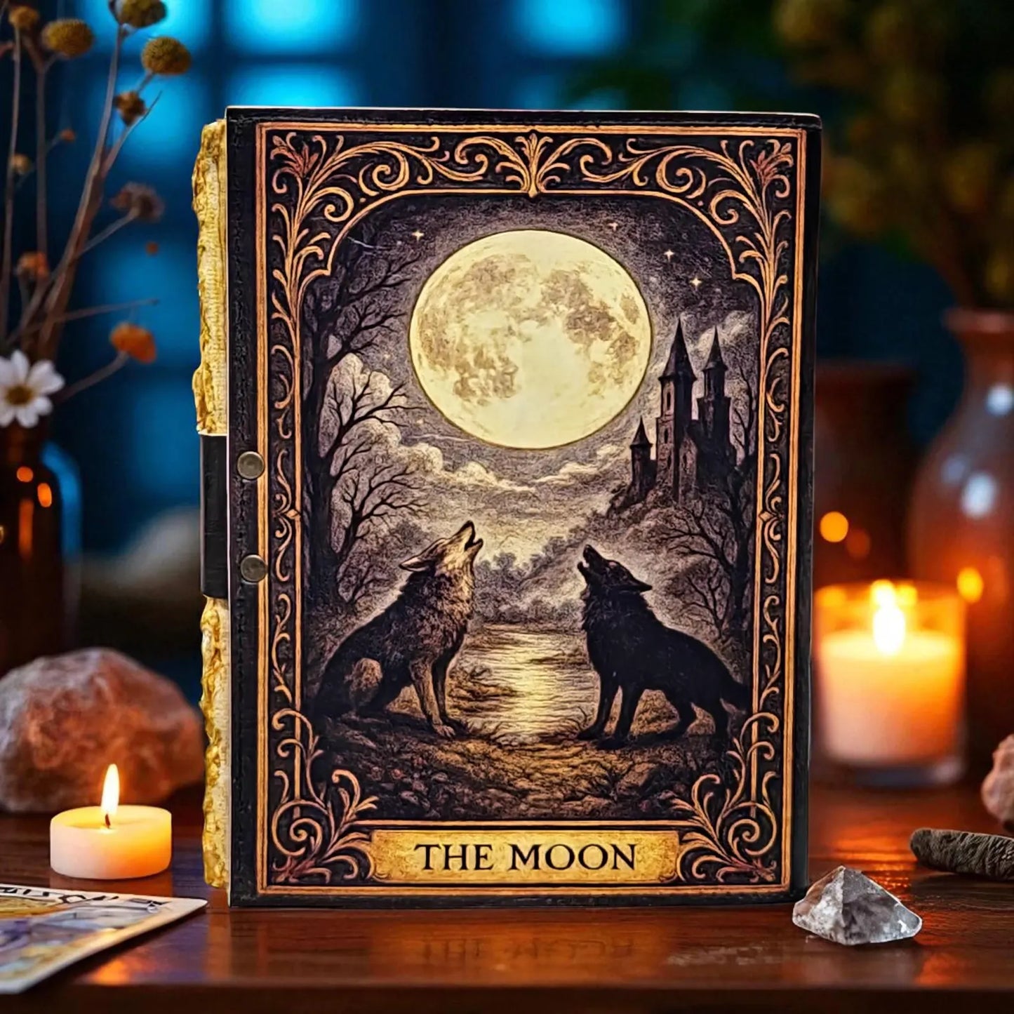 Leather Journal The Moon | Wolf Journal with Lock, Vintage Handmade Notebook, Tarot Journal, Witchy Sketchbook, Moon Phase Diary
