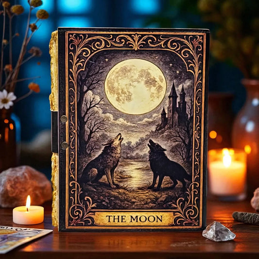 Leather Journal The Moon | Wolf Journal with Lock, Vintage Handmade Notebook, Tarot Journal, Witchy Sketchbook, Moon Phase Diary