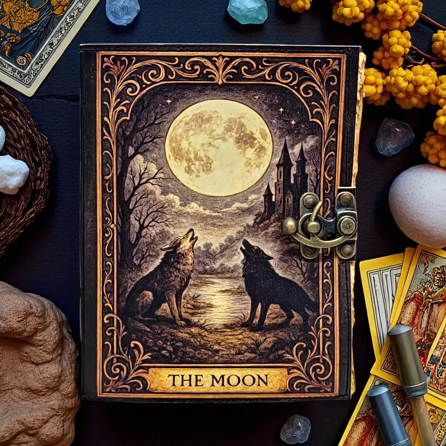 Leather Journal The Moon | Wolf Journal with Lock, Vintage Handmade Notebook, Tarot Journal, Witchy Sketchbook, Moon Phase Diary