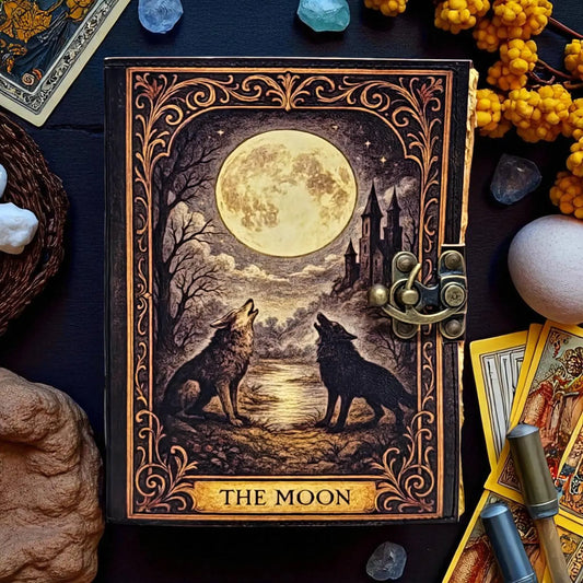 Leather Journal The Moon | Wolf Journal with Lock, Vintage Handmade Notebook, Tarot Journal, Witchy Sketchbook, Moon Phase Diary
