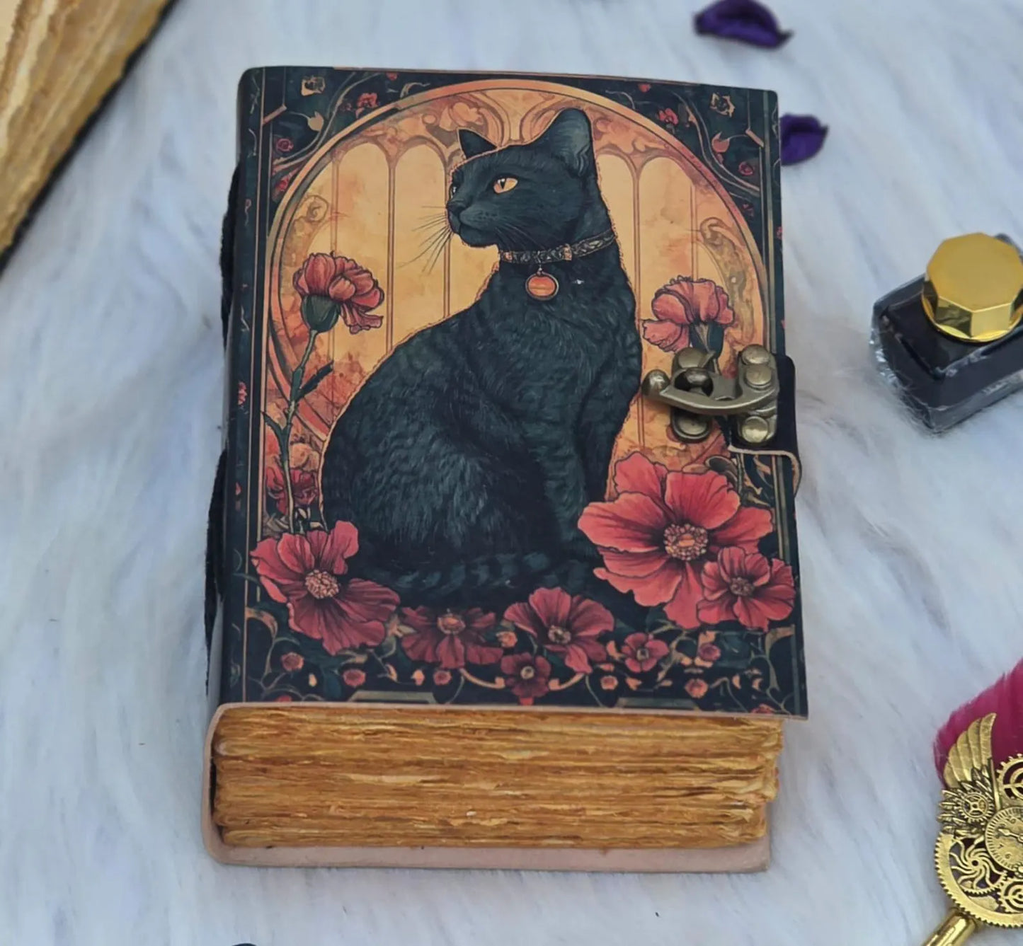 Mystic Black Cat Journal: Handmade Vintage Leather Grimoire with Lock