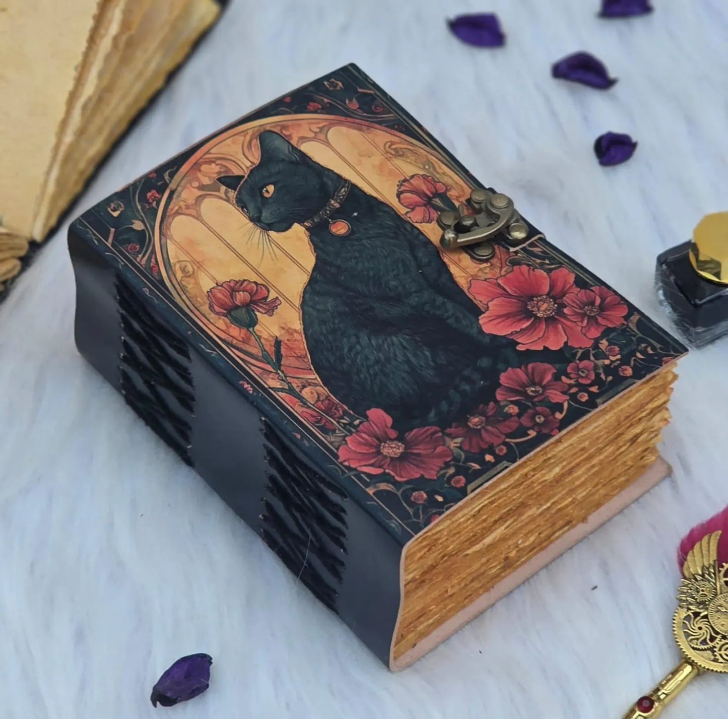 Mystic Black Cat Journal: Handmade Vintage Leather Grimoire with Lock