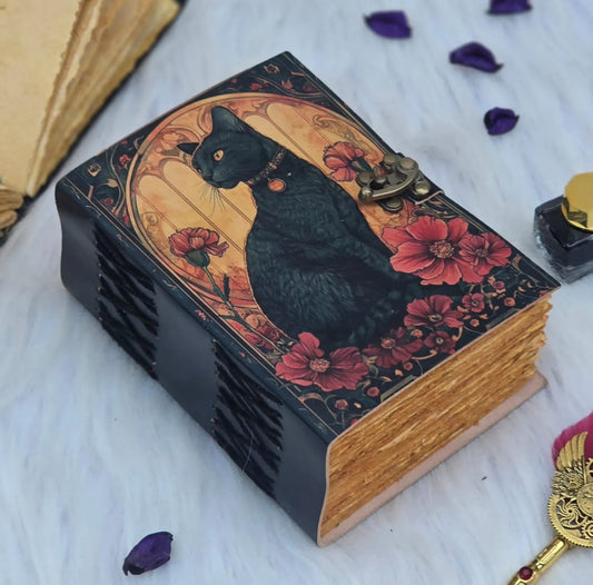 Mystic Black Cat Journal: Handmade Vintage Leather Grimoire with Lock