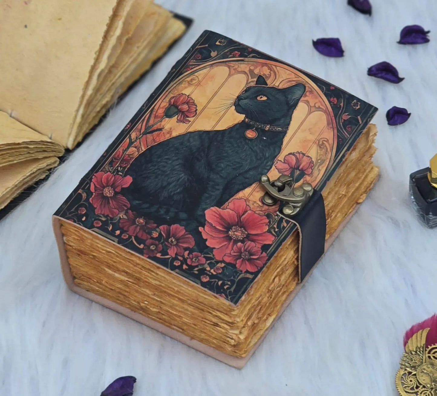 Mystic Black Cat Journal: Handmade Vintage Leather Grimoire with Lock