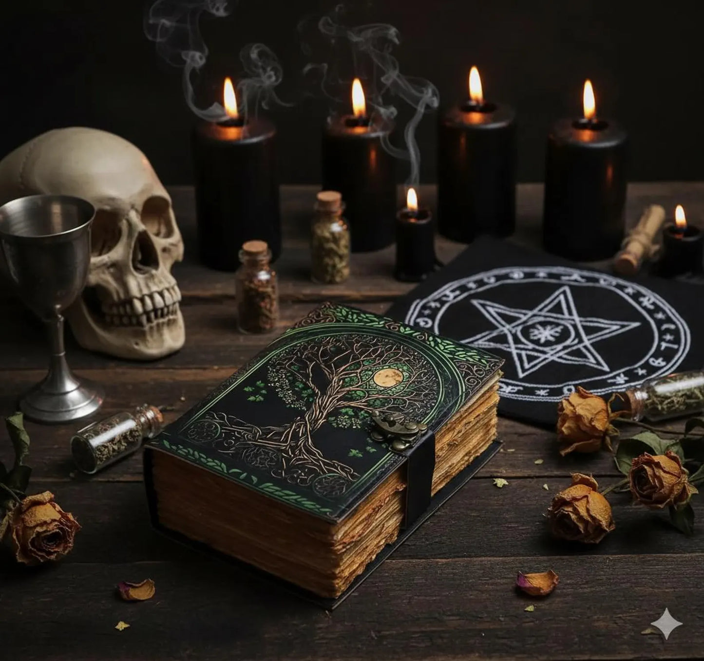 Tree of Life Grimoire – Leather Book of Shadows with Moon Phases | Handmade Witchcraft Spell Book | Celestial Journal for Gifts