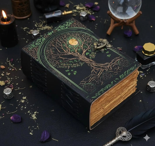 Tree of Life Grimoire – Leather Book of Shadows with Moon Phases | Handmade Witchcraft Spell Book | Celestial Journal for Gifts