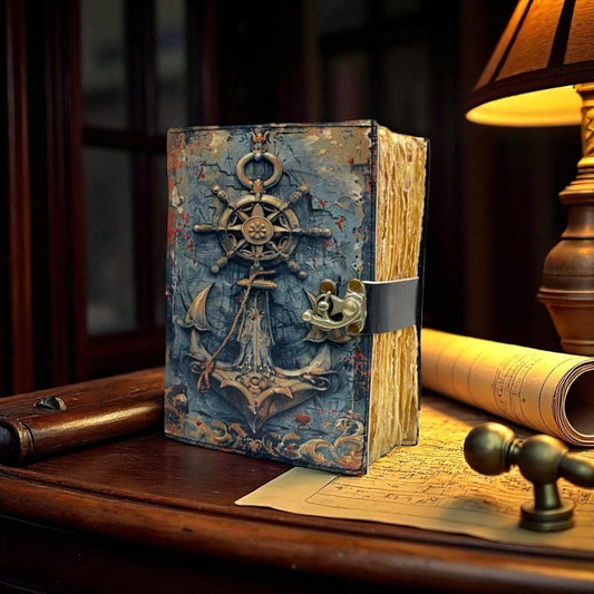 Handmade Nautical Leather Journal: Anchor & Ship Wheel Deckle-Edge Diary