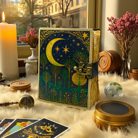 Leather Grimoire Journal –400 Page Book of Shadows, Moon Tree Witchcraft Journal, Wiccan Pagan Gothic Spellbook Notebook, Gift for Him & Her