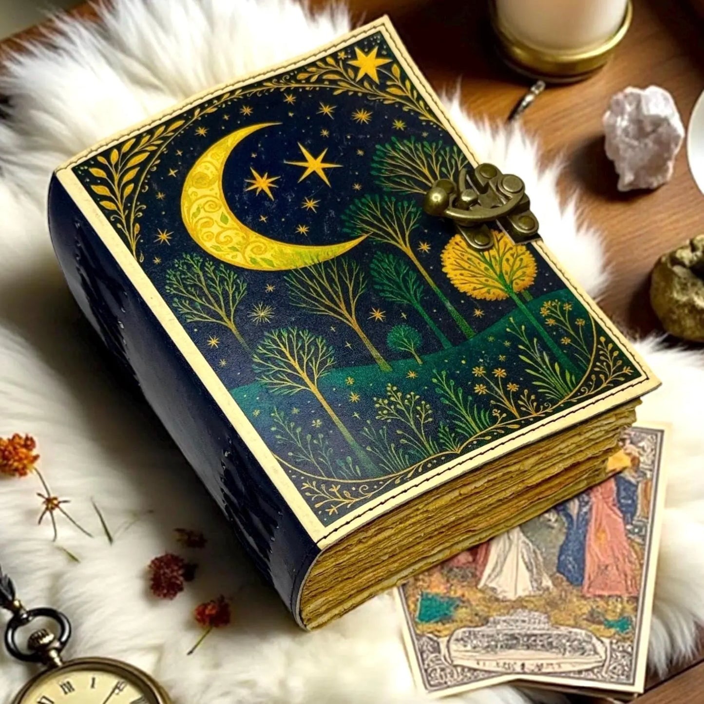 Leather Grimoire Journal –400 Page Book of Shadows, Moon Tree Witchcraft Journal, Wiccan Pagan Gothic Spellbook Notebook, Gift for Him & Her