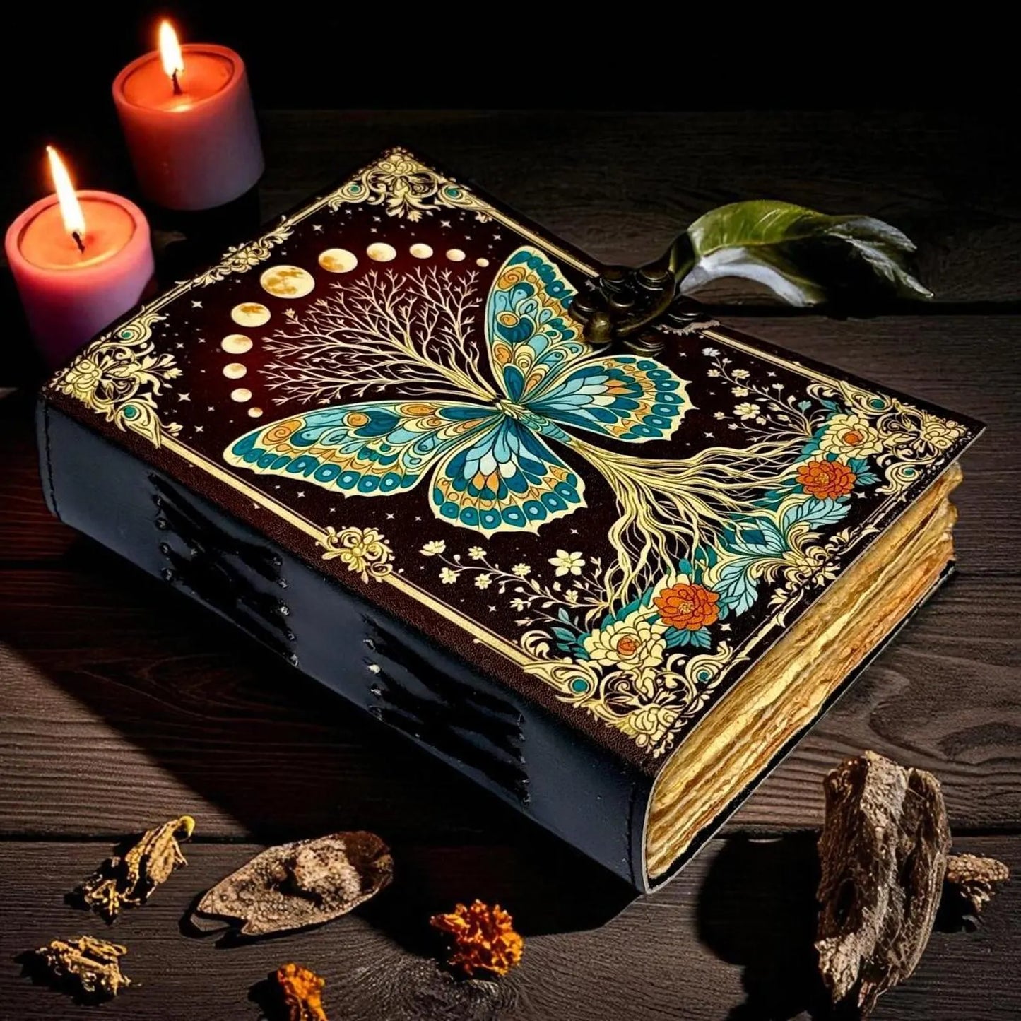 Luna Moth Leather Journal: Vintage Spell Book with Lock, Deckle Edge Paper