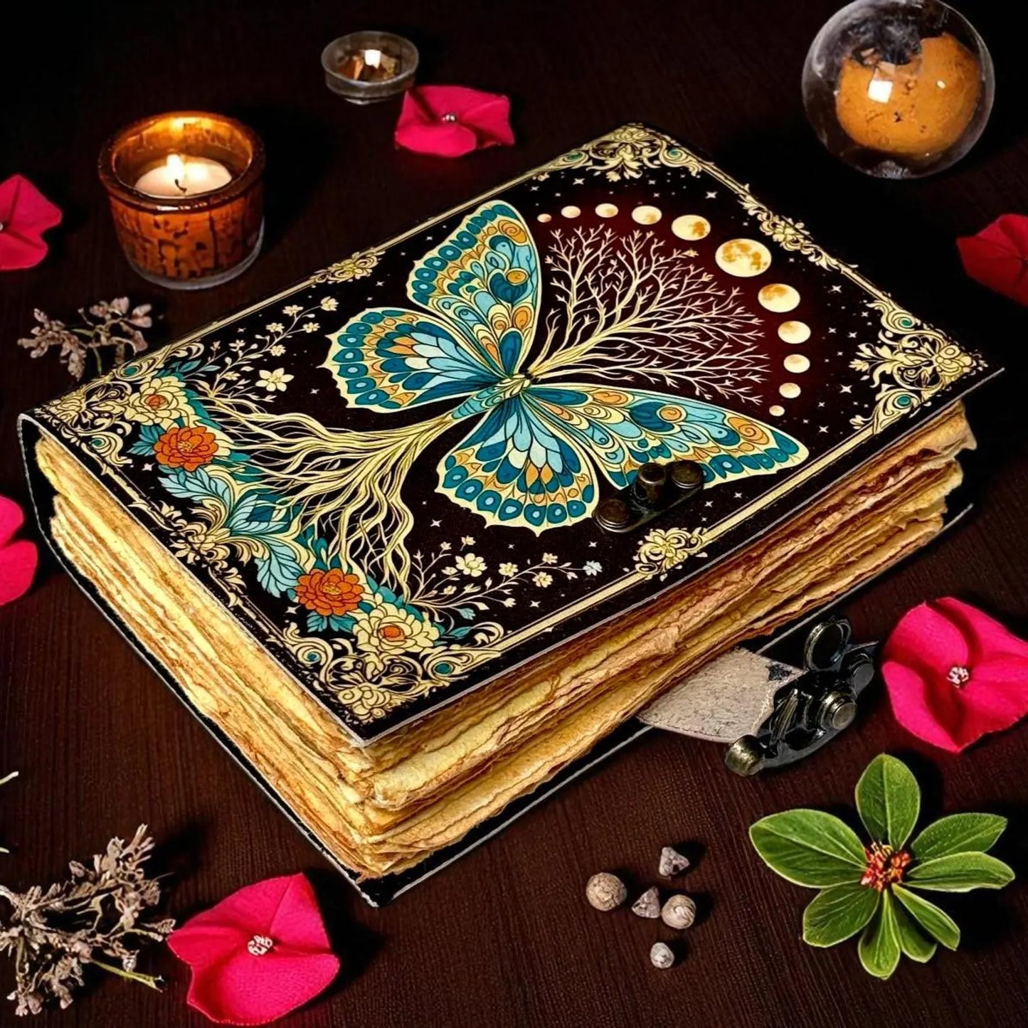 Luna Moth Leather Journal: Vintage Spell Book with Lock, Deckle Edge Paper