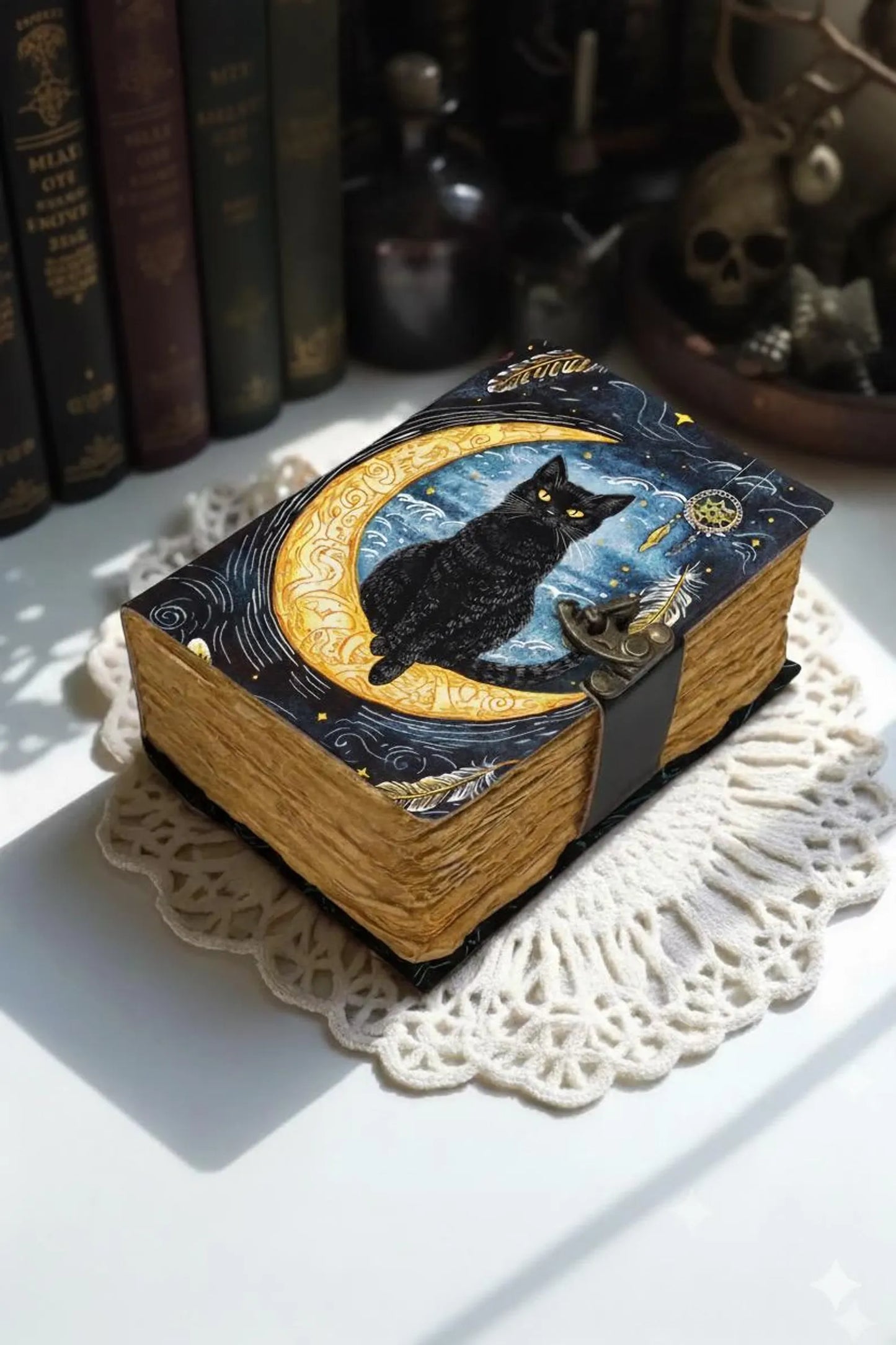 Leather Grimoire Journal: Cat Print Book of Shadows Magic Leather Journal, Spell book Magic Cat Journal Halloween Gifts