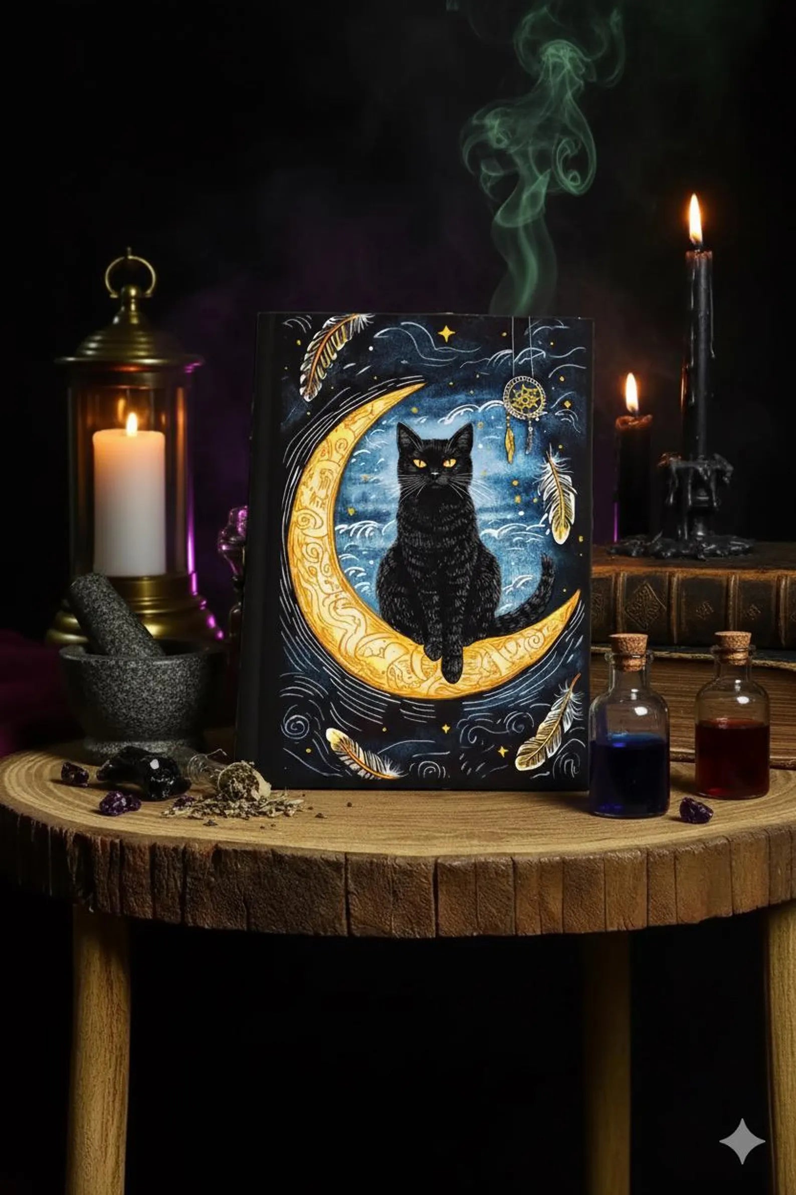 Leather Grimoire Journal: Cat Print Book of Shadows Magic Leather Journal, Spell book Magic Cat Journal Halloween Gifts
