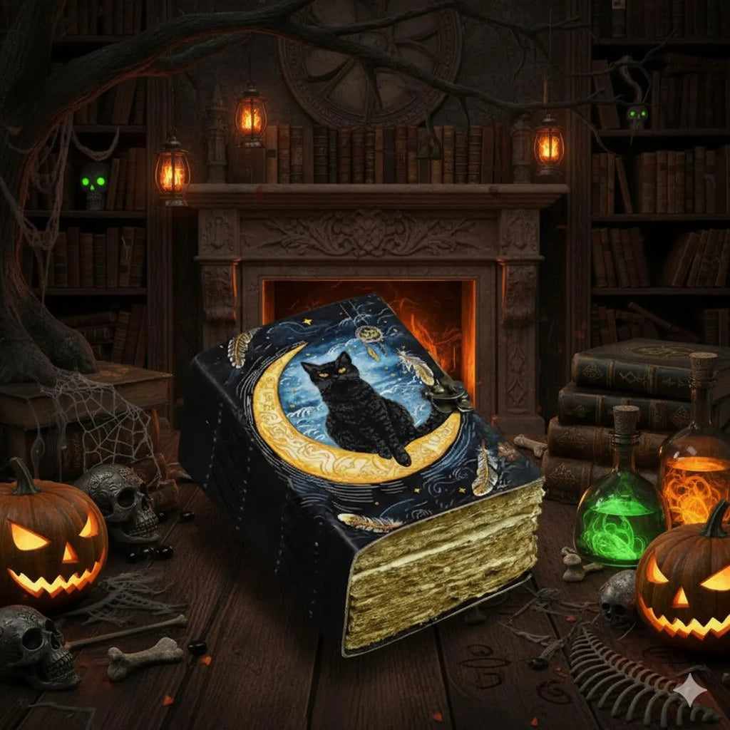 Leather Grimoire Journal: Cat Print Book of Shadows Magic Leather Journal, Spell book Magic Cat Journal Halloween Gifts