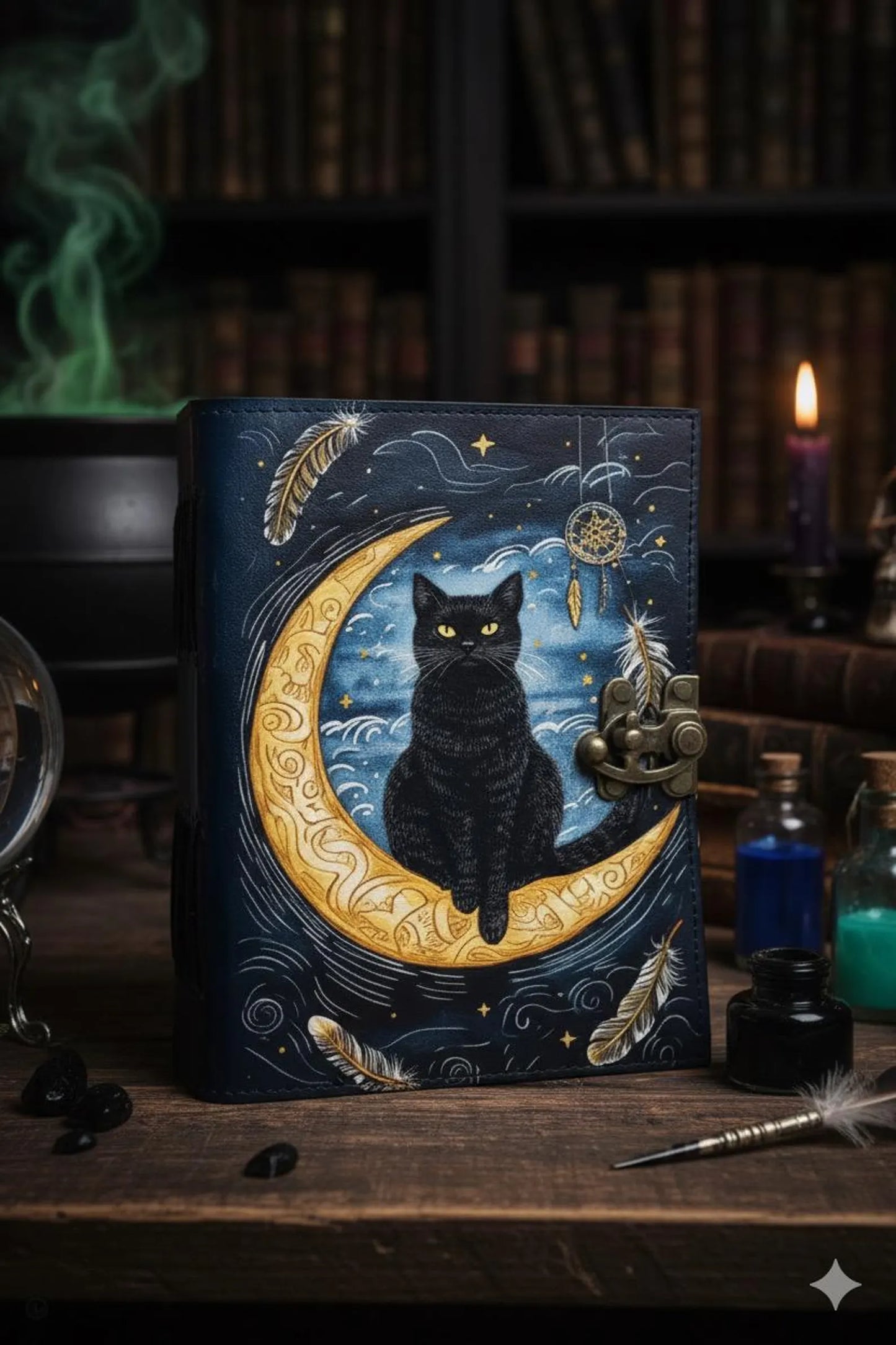 Leather Grimoire Journal: Cat Print Book of Shadows Magic Leather Journal, Spell book Magic Cat Journal Halloween Gifts