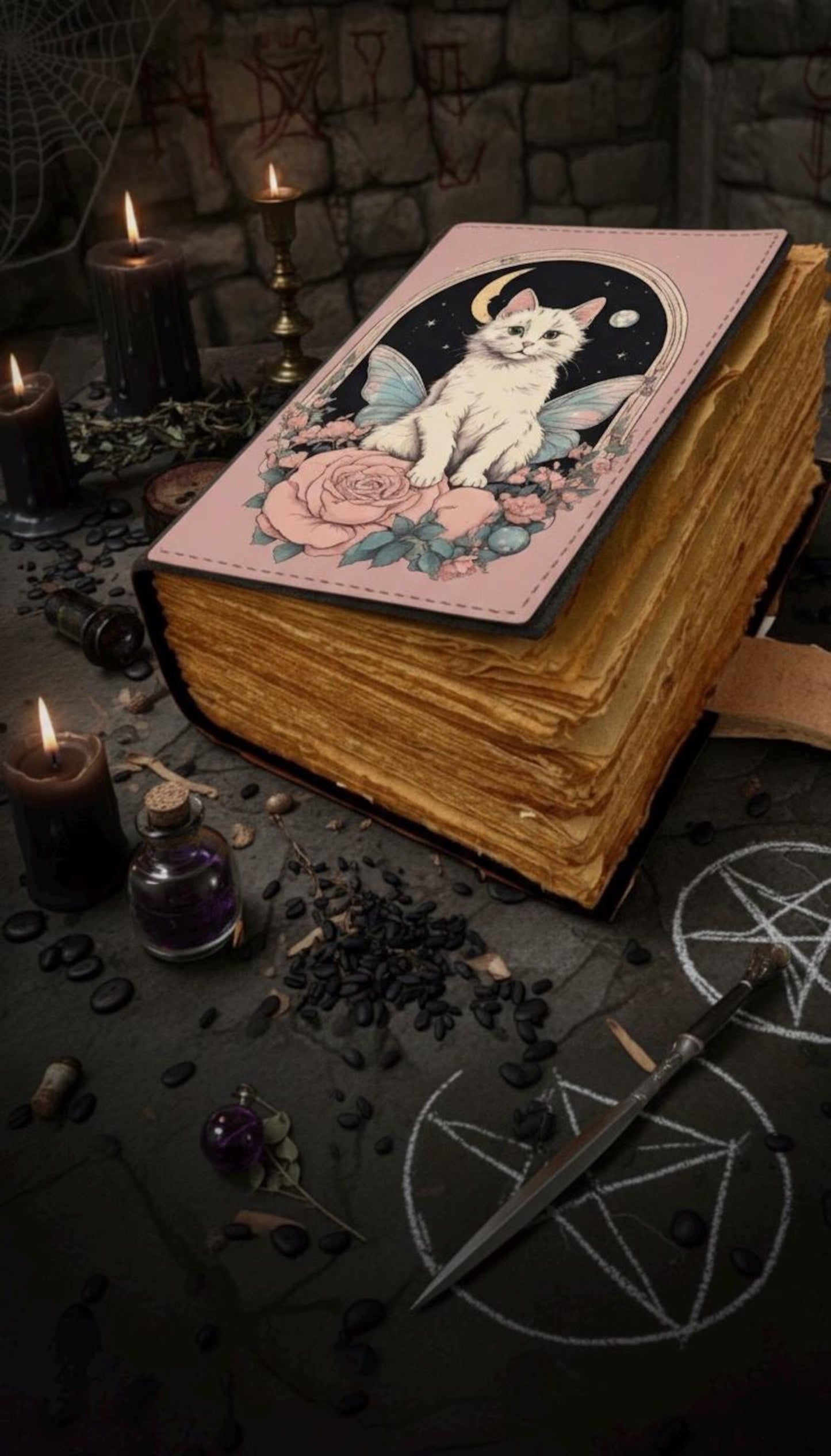 Cat Grimoire Journal – Blank Book of Shadows | Leather Spell Book of Wisdom | Handmade Witchy Sketchbook Moon Magic Tarot Notebook
