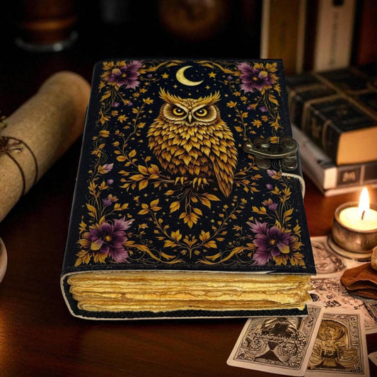 Mystic Owl Leather Journal – Moon Phases Notebook | Vintage Witchy Grimoire | Celestial Diary