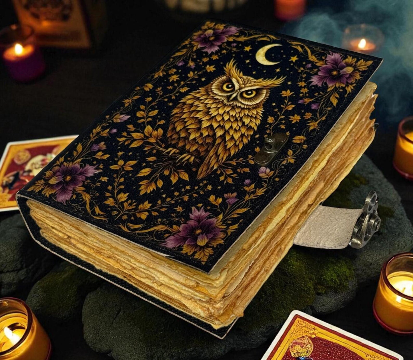 Mystic Owl Leather Journal – Moon Phases Notebook | Vintage Witchy Grimoire | Celestial Diary
