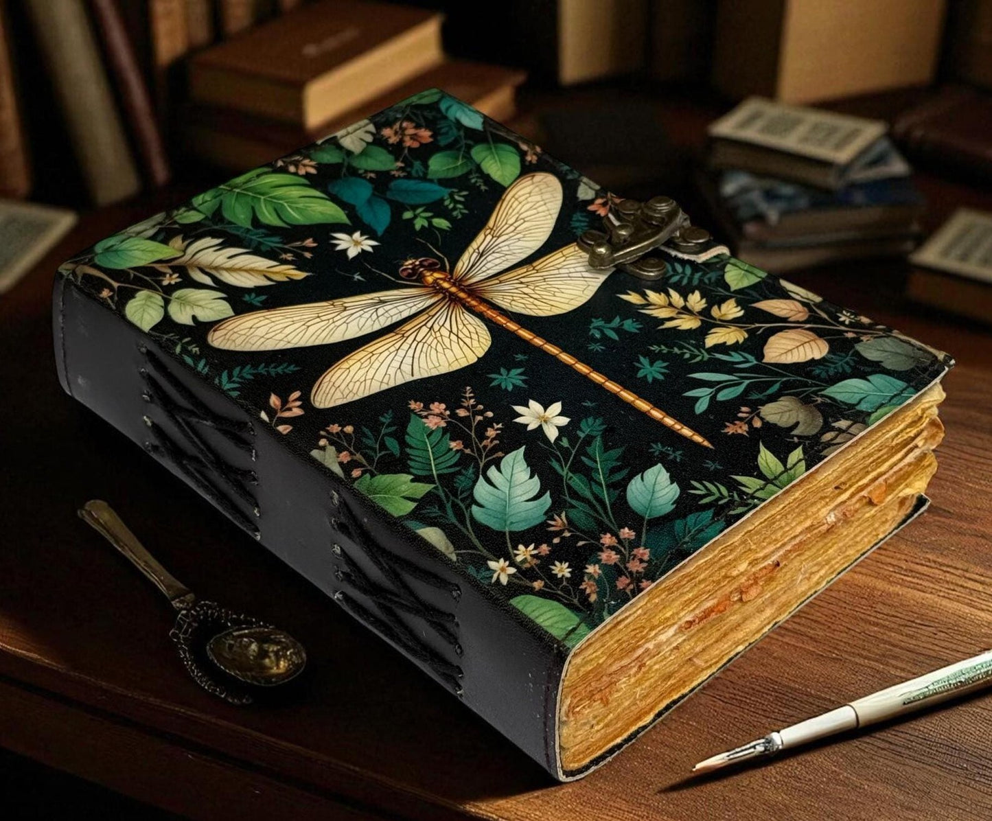 Dragonfly Leather Journal with Lock: Handmade Writing Notebook 400 Page Handmade Book of Shadows, Large Book Spell book, Magic Diary Gift