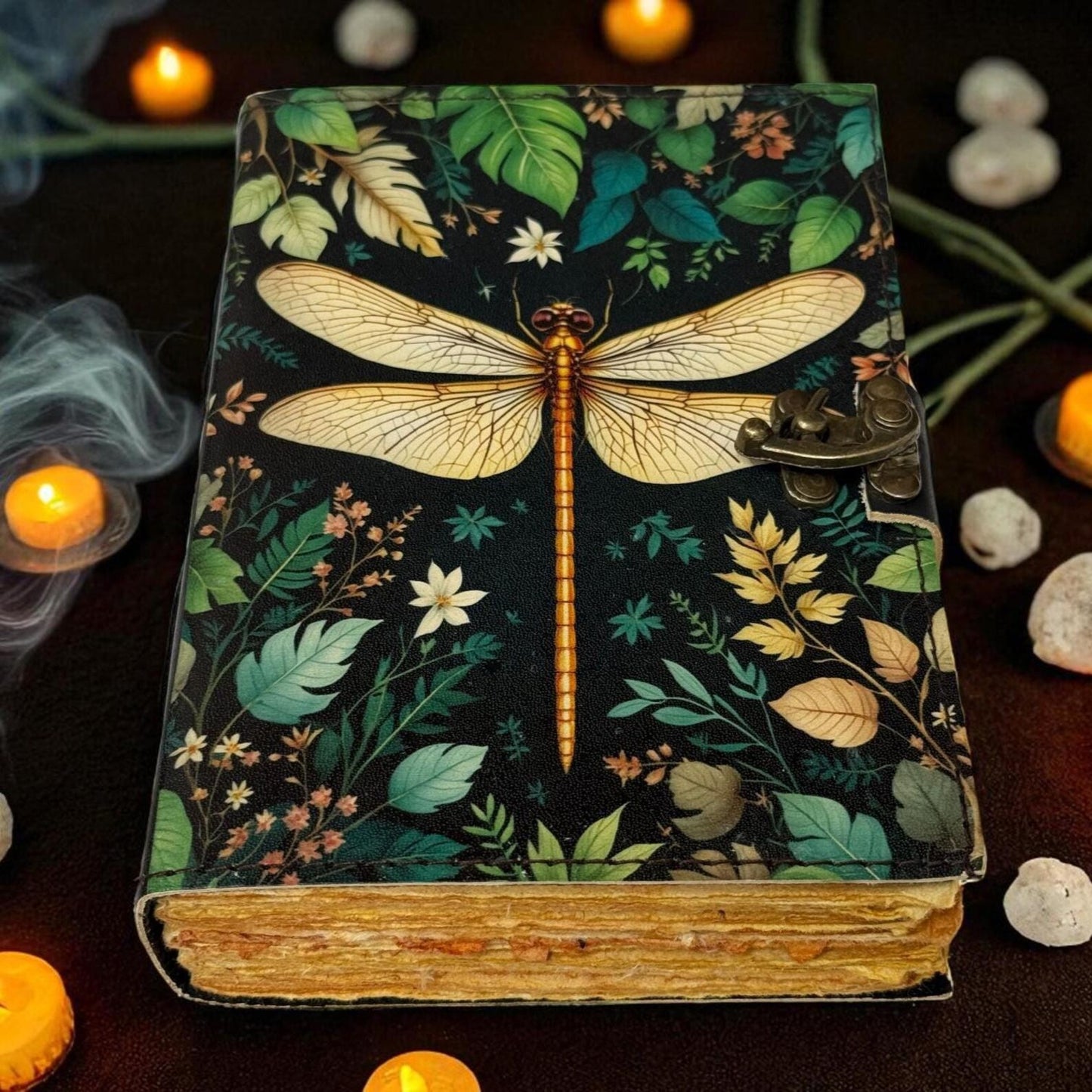Dragonfly Leather Journal with Lock: Handmade Writing Notebook 200 Page Handmade Book of Shadows, Large Book Spell book, Magic Diary Gift