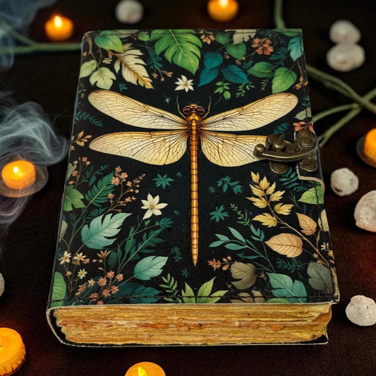 Dragonfly Leather Journal with Lock: Handmade Writing Notebook 200 Page Handmade Book of Shadows, Large Book Spell book, Magic Diary Gift