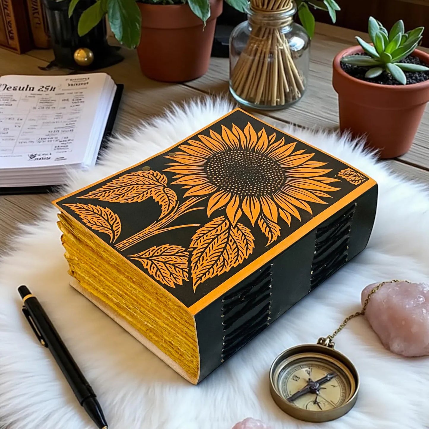Sunflower Leather Journal – Handmade Floral Writing Notebook with Lock