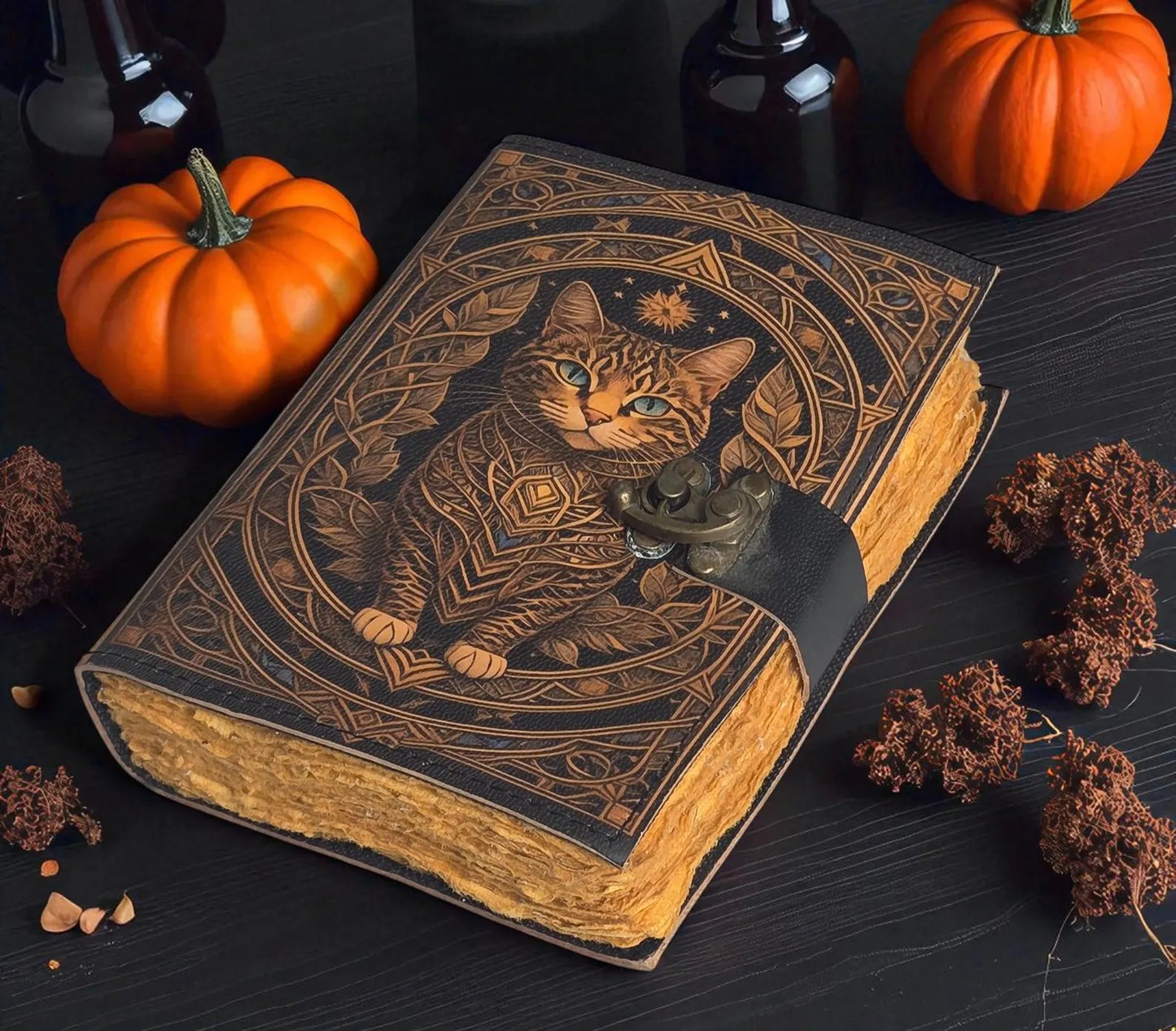 Vintage Cat Journal, Leather Spell Book, Celtic Design Notebook