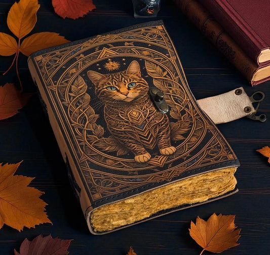 Vintage Cat Journal, Leather Spell Book, Celtic Design Notebook