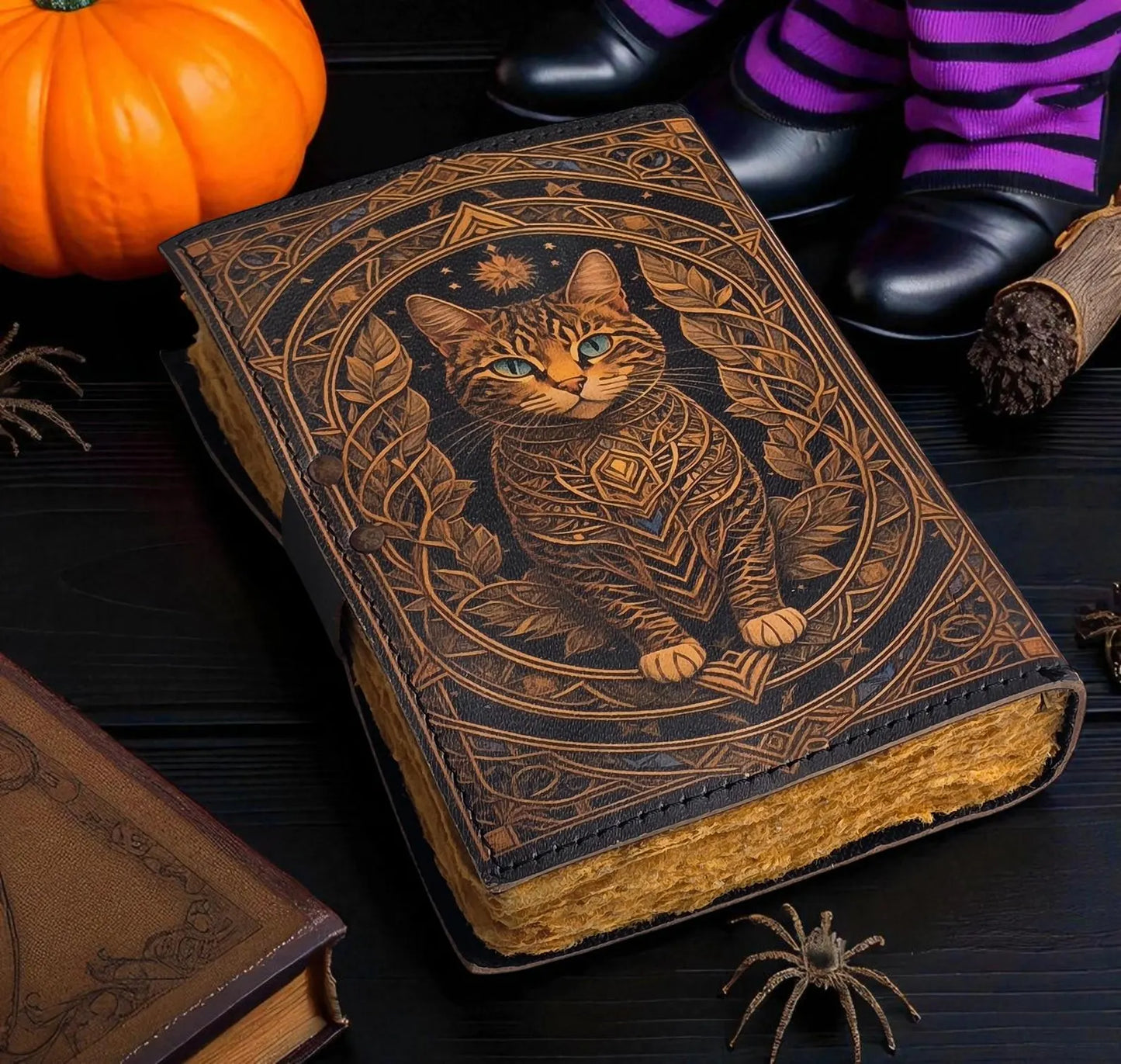 Vintage Cat Journal, Leather Spell Book, Celtic Design Notebook