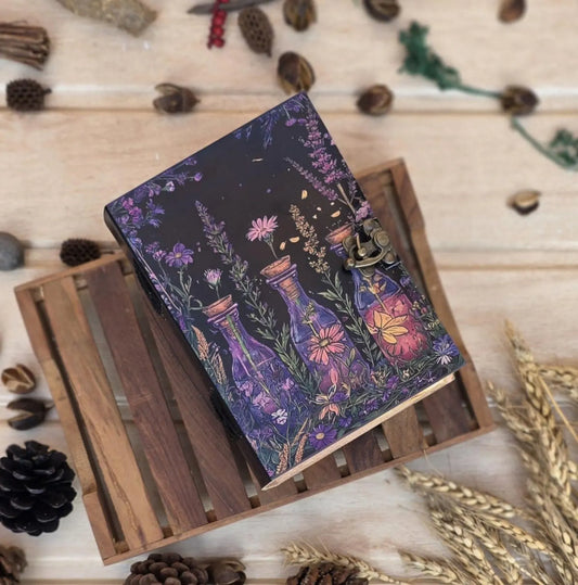 Handmade Floral : Cottagecore Grimoire with Potion Bottles blank spell book of shadows leather journal