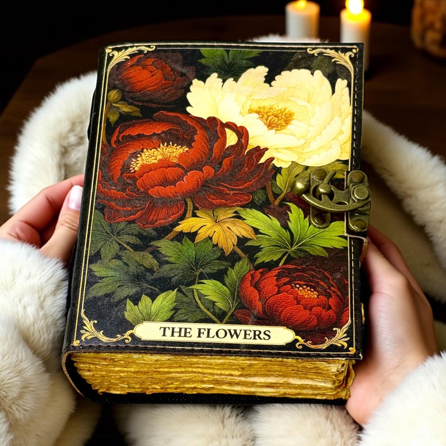 Floral Leather Grimoire – Gothic Book of Shadows, Witchcraft Spellbook, Wiccan Pagan Ritual Journal, Witchy Gift