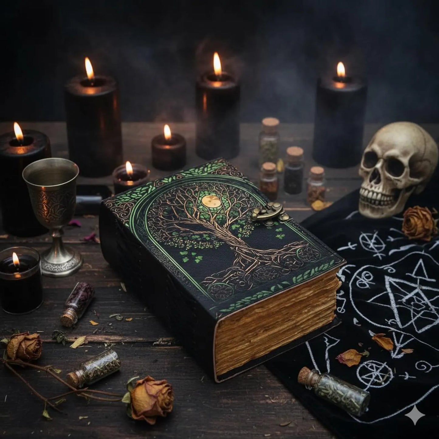 Tree of Life Grimoire – Leather Book of Shadows with Moon Phases | Handmade Witchcraft Spell Book | Celestial Journal for Gifts