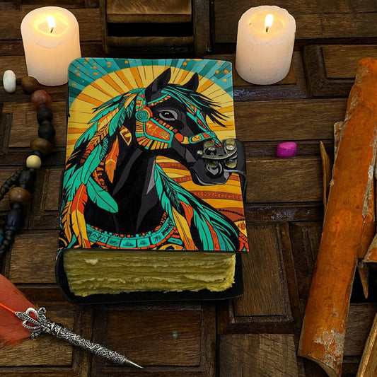 Handmade Leather Journal with Horse Design – Rustic Western Notebook, Vintage Writing Diary with Deckle Edge Paper, Cowboy Cowgirl Gift
