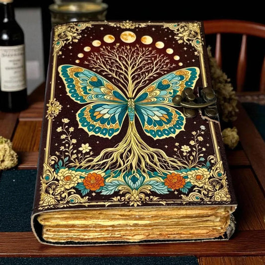 Luna Moth Leather Journal: Vintage Spell Book with Lock, Deckle Edge Paper