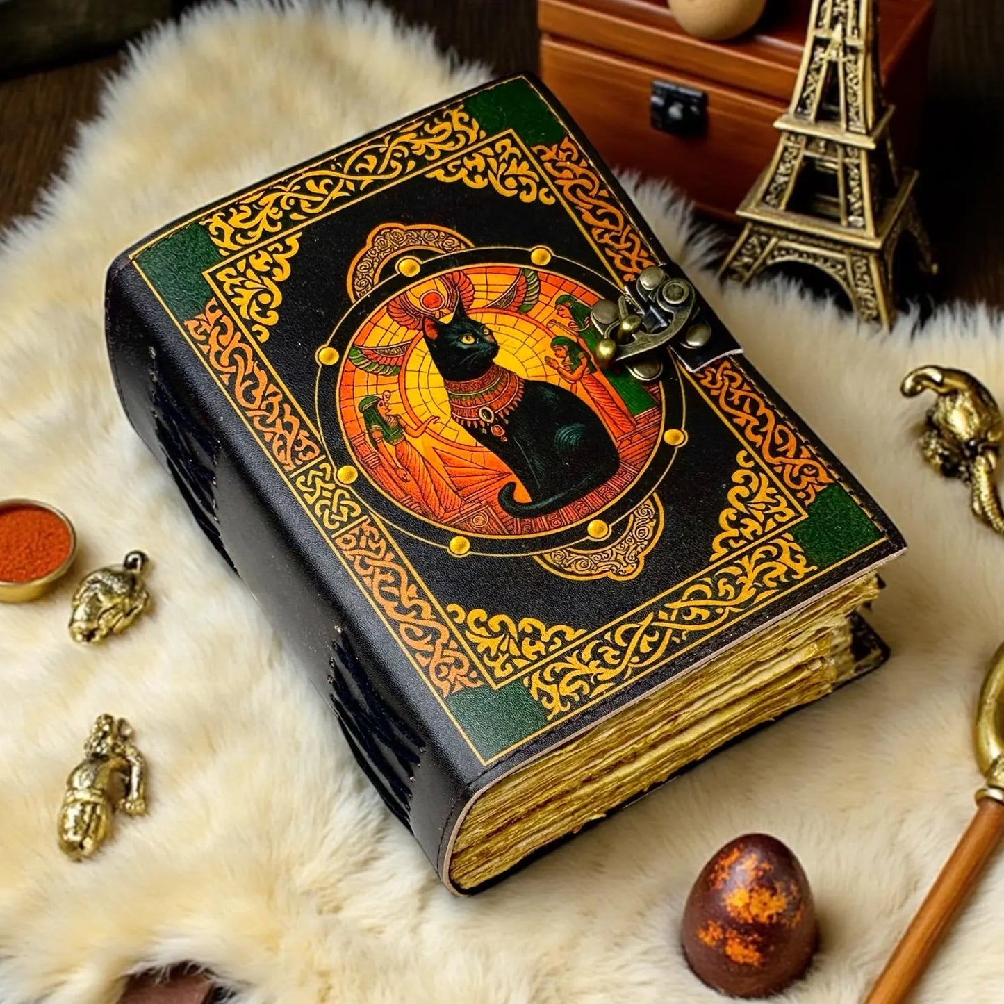 Egyptian Cat Leather Journal with Lock, 400 Pages Vintage Grimoire, Wiccan Pagan Spellbook, Witchcraft Gothic Notebook Gift, Gift for Her