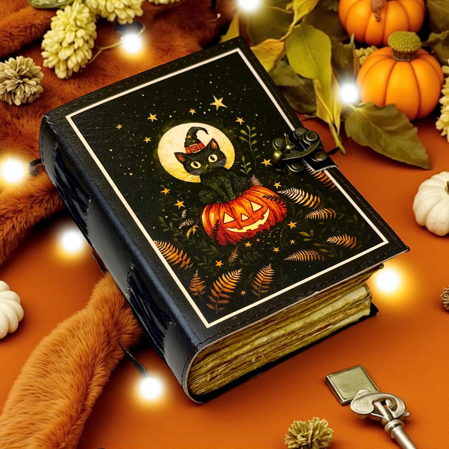 Halloween Pumpkin Leather Grimoire, Gothic Witchy Spell Book of Shadows, Refillable Magic Journal for Witches, Tarot, Spells & Witchy Gift