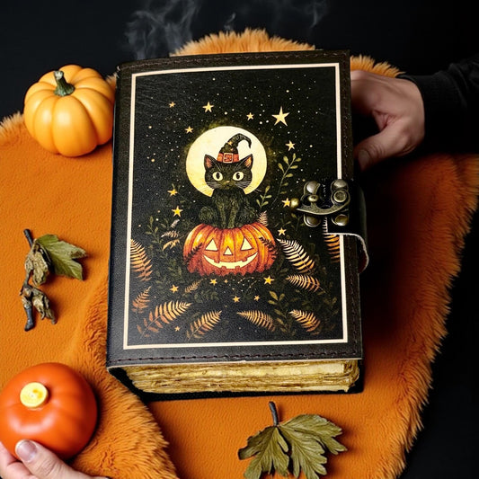 Halloween Pumpkin Leather Grimoire, Gothic Witchy Spell Book of Shadows, Refillable Magic Journal for Witches, Tarot, Spells & Witchy Gift