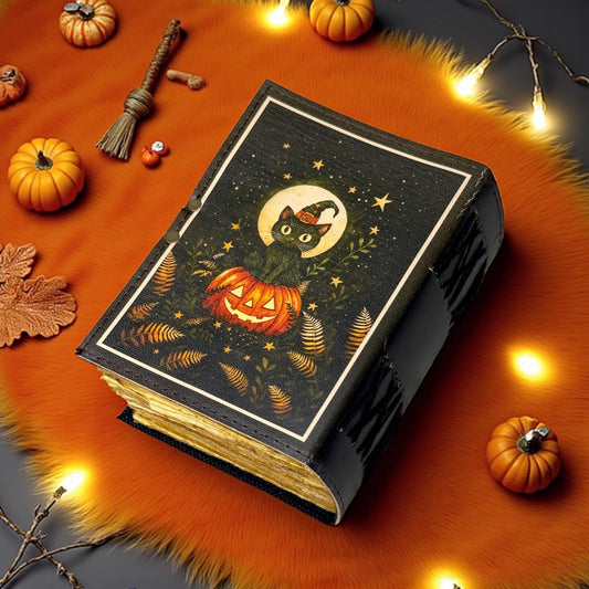 Halloween Pumpkin Leather Grimoire, Gothic Witchy Spell Book of Shadows, Refillable Magic Journal for Witches, Tarot, Spells & Witchy Gift
