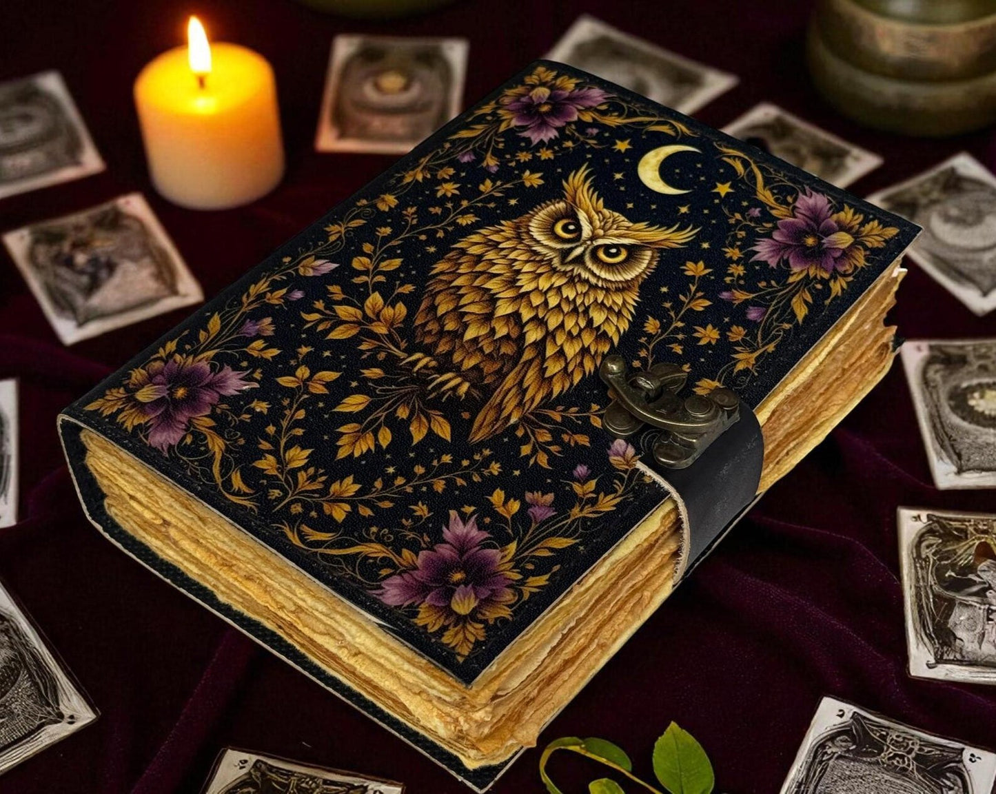 Mystic Owl Leather Journal – Moon Phases Notebook | Vintage Witchy Grimoire | Celestial Diary