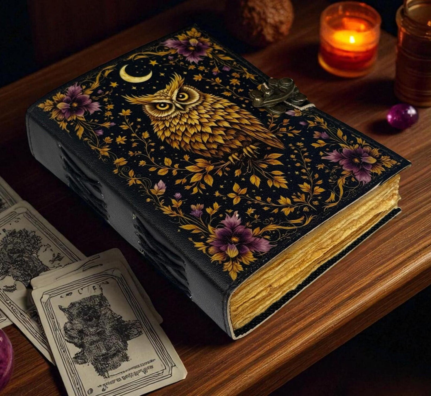 Mystic Owl Leather Journal – Moon Phases Notebook | Vintage Witchy Grimoire | Celestial Diary
