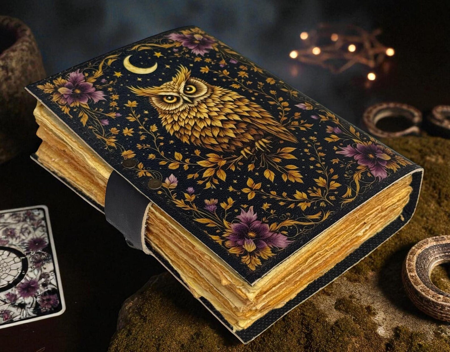 Mystic Owl Leather Journal – Moon Phases Notebook | Vintage Witchy Grimoire | Celestial Diary
