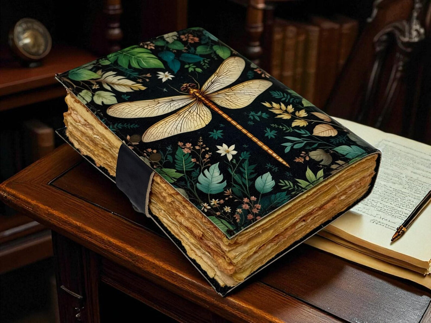 Dragonfly Leather Journal with Lock: Handmade Writing Notebook 400 Page Handmade Book of Shadows, Large Book Spell book, Magic Diary Gift