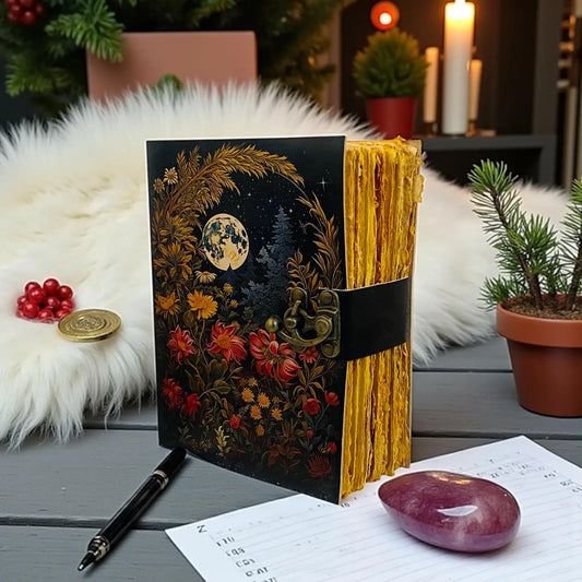 Handmade Leather Journal – Moon Floral Design, Antique Lock Notebook