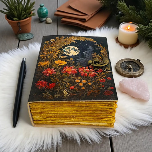 Handmade Leather Journal – Moon Floral Design, Antique Lock Notebook