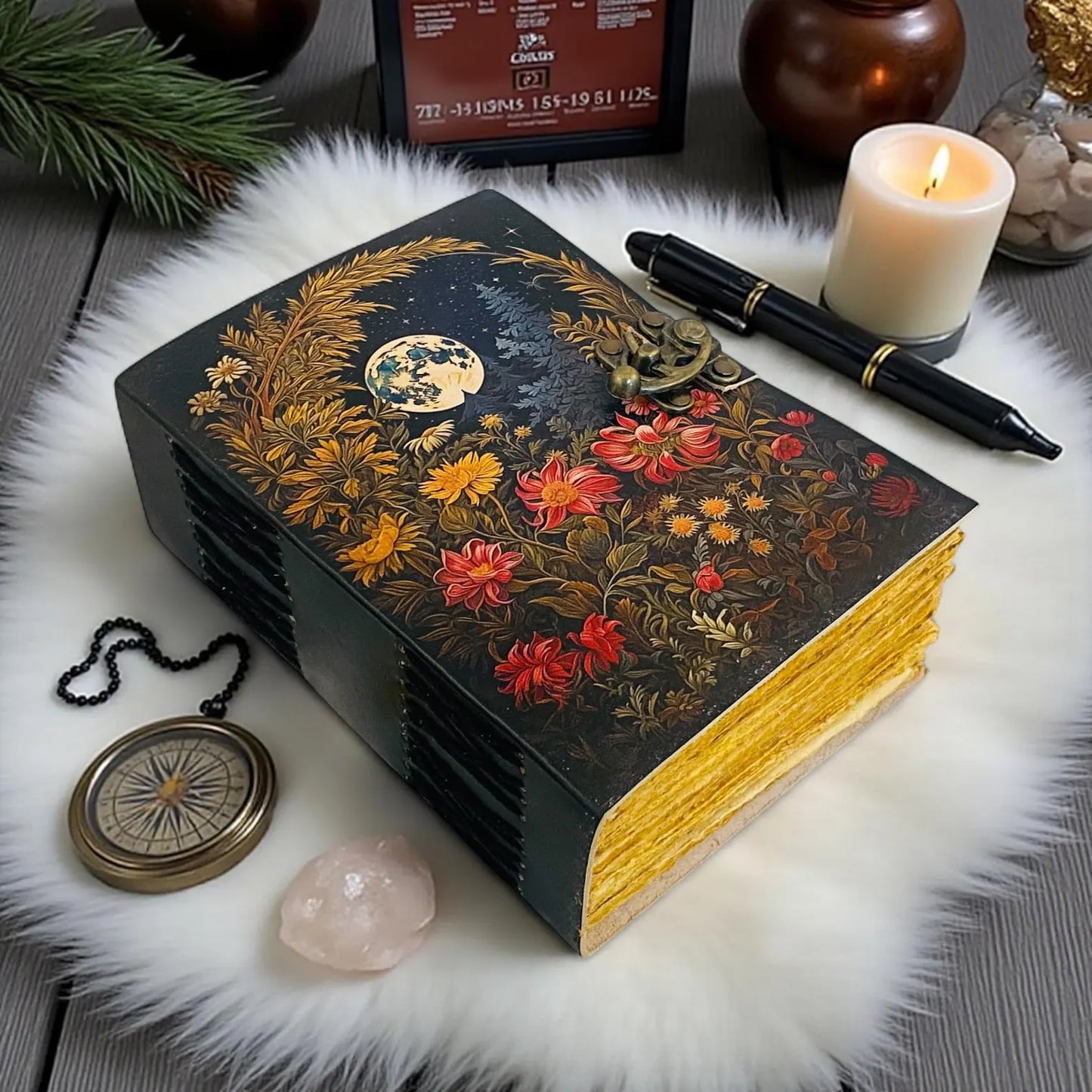 Handmade Leather Journal – Moon Floral Design, Antique Lock Notebook