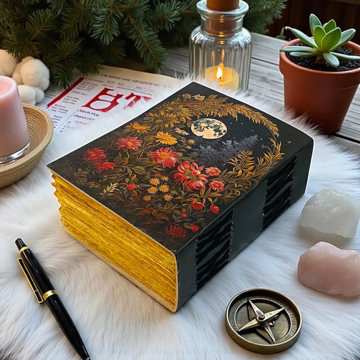 Handmade Leather Journal – Moon Floral Design, Antique Lock Notebook