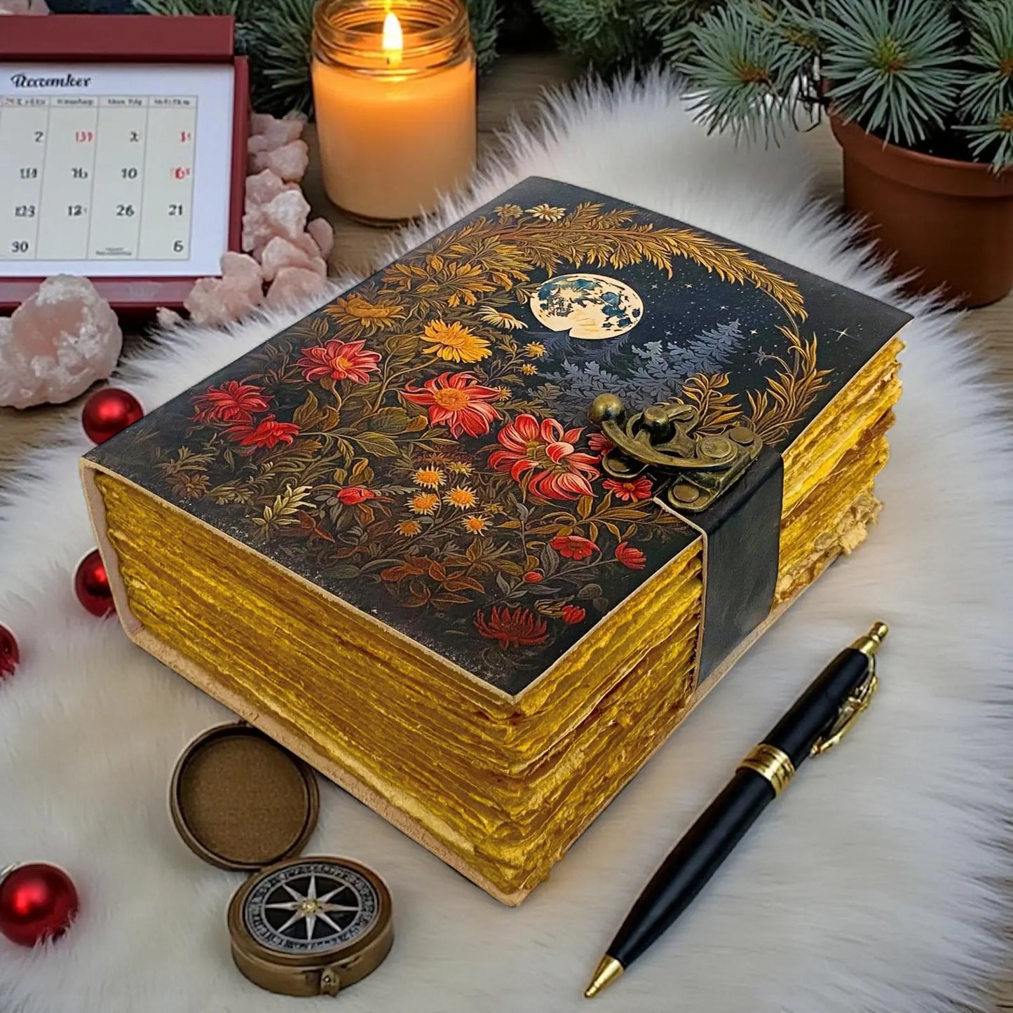 Handmade Leather Journal – Moon Floral Design, Antique Lock Notebook
