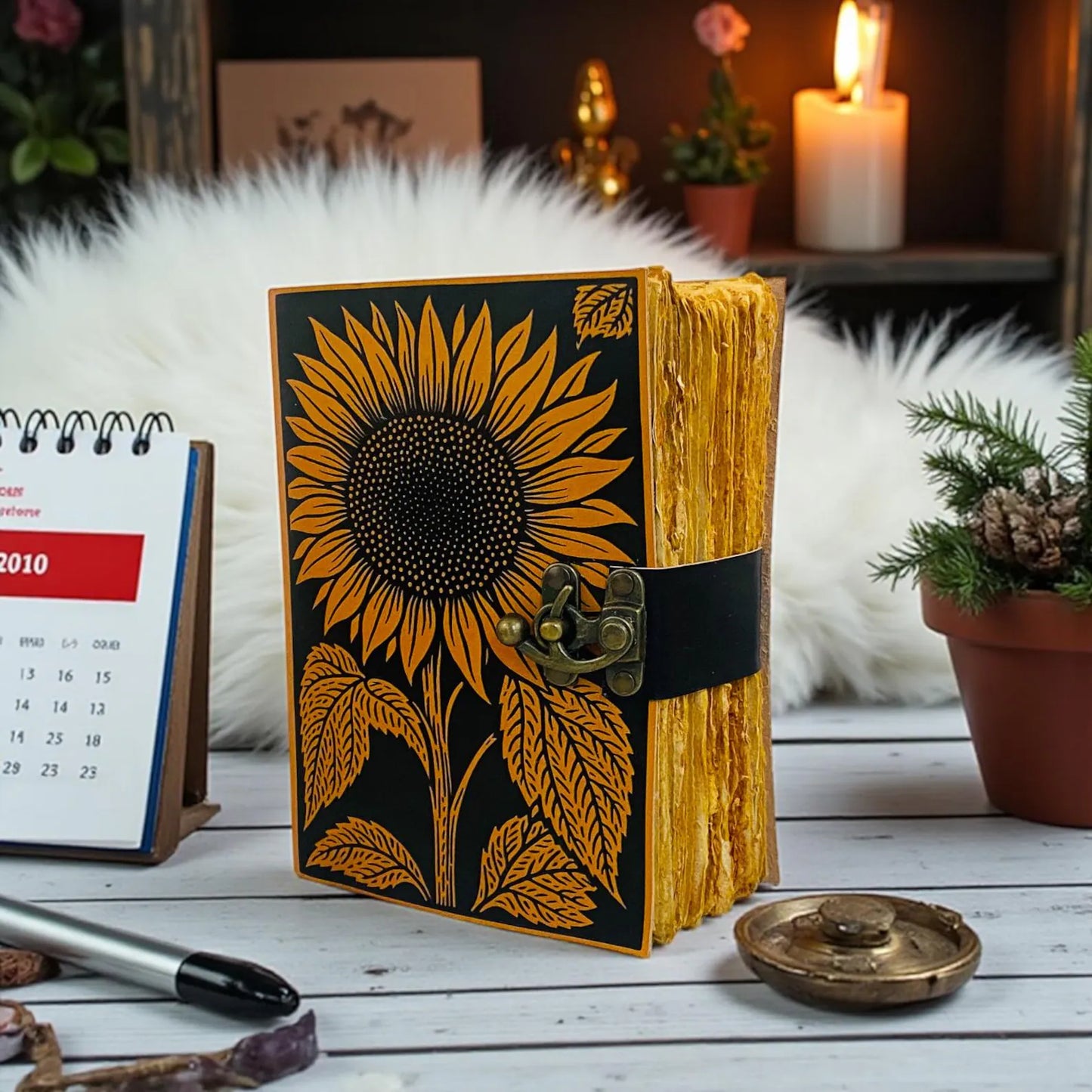 Sunflower Leather Journal – Handmade Floral Writing Notebook with Lock