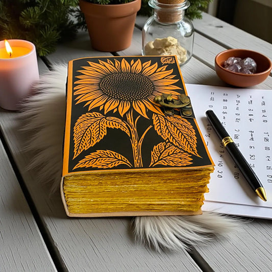 Sunflower Leather Journal – Handmade Floral Writing Notebook with Lock